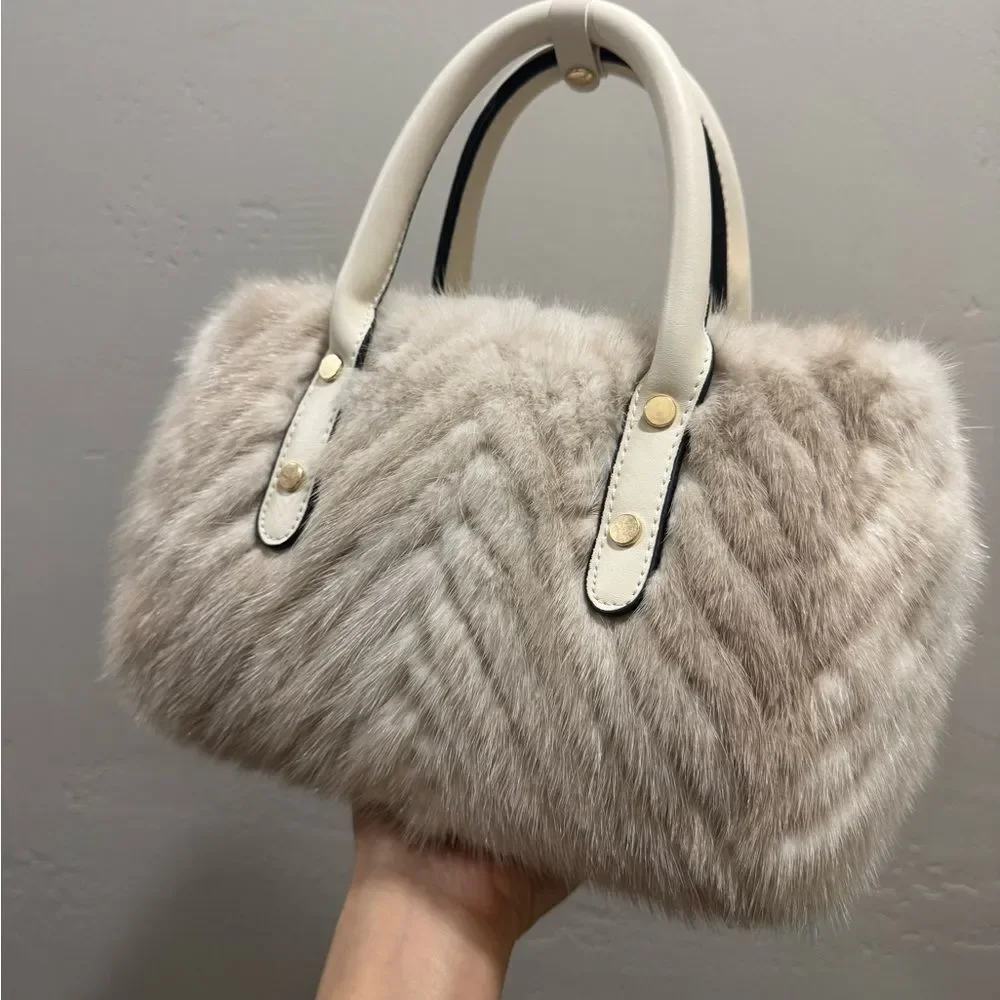 Ivory Real Mink Fur & Leather Handles Handmade Boston Bag & Mink Fur Bag Charm